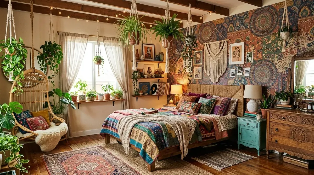 Bohemian bedroom with artistic wallpaper, layered textiles, hanging plants, and eclectic furnishings.