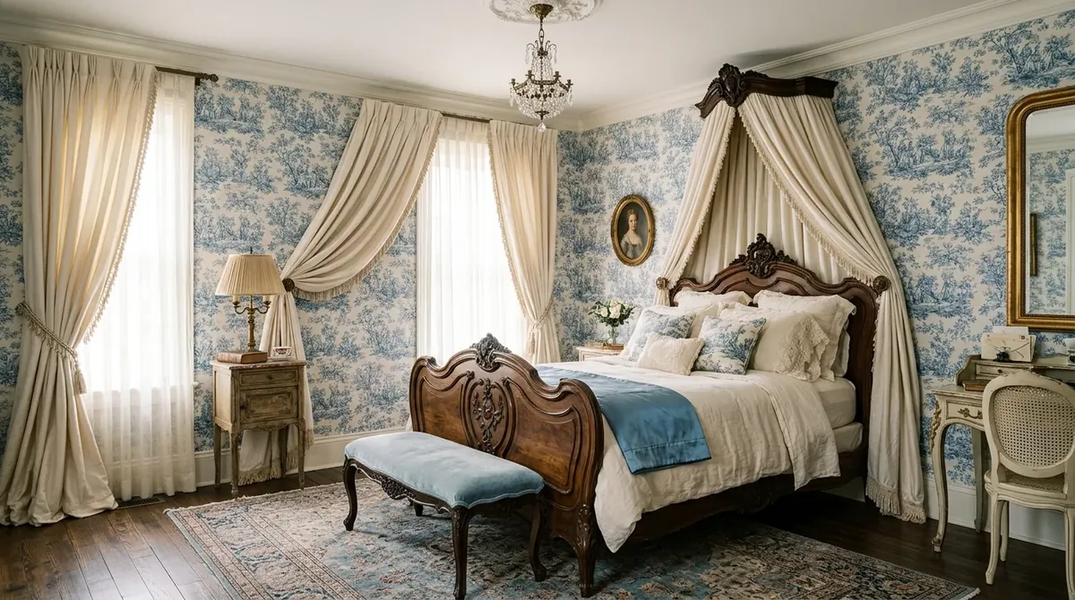 Classic French bedroom with toile wallpaper, ornate bed, soft drapery, and antique accents.