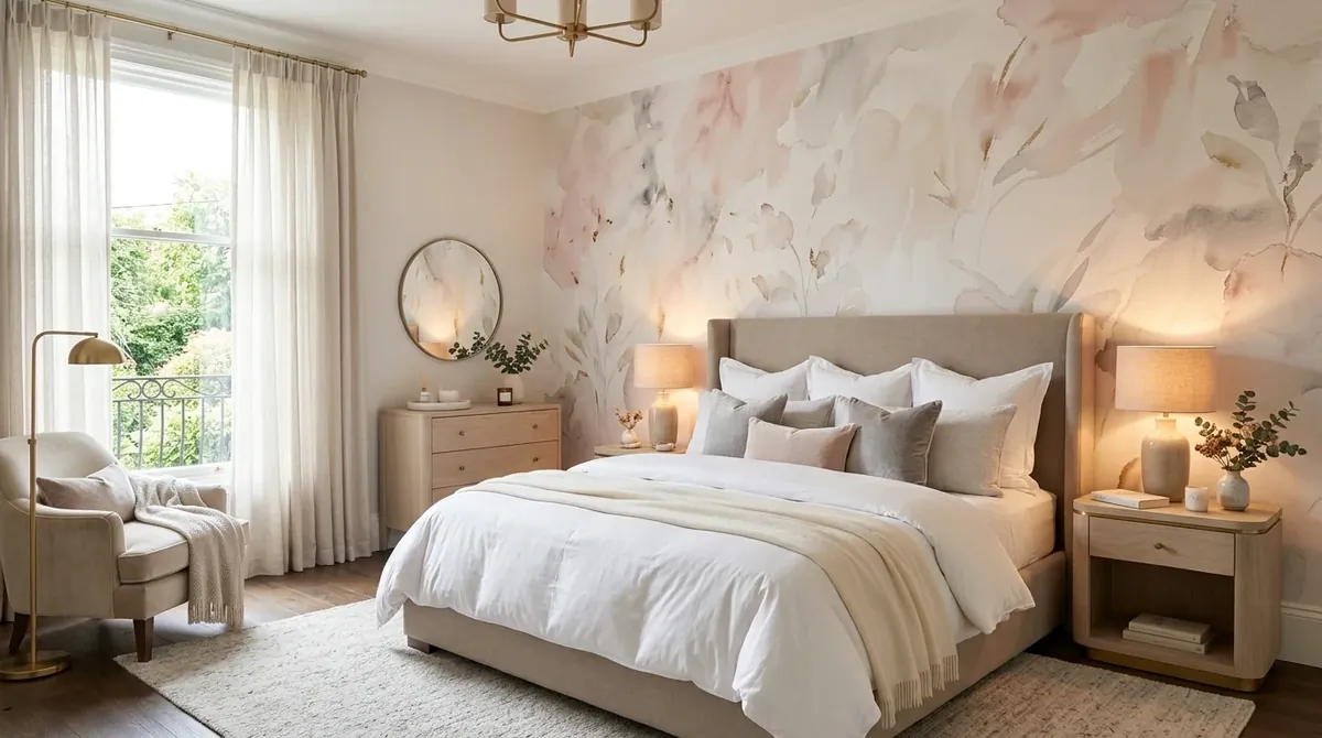Soft luxury bedroom with watercolor-style wallpaper, plush bedding, warm light, and serene neutral palette.