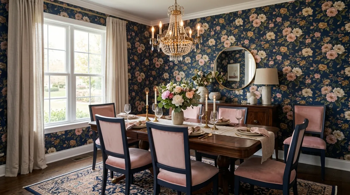 Dining room with bold floral wallpaper, wood dining table, and soft chandelier lighting.