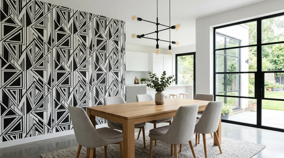 Modern dining room with geometric black and white wallpaper, wood table, and neutral chairs.