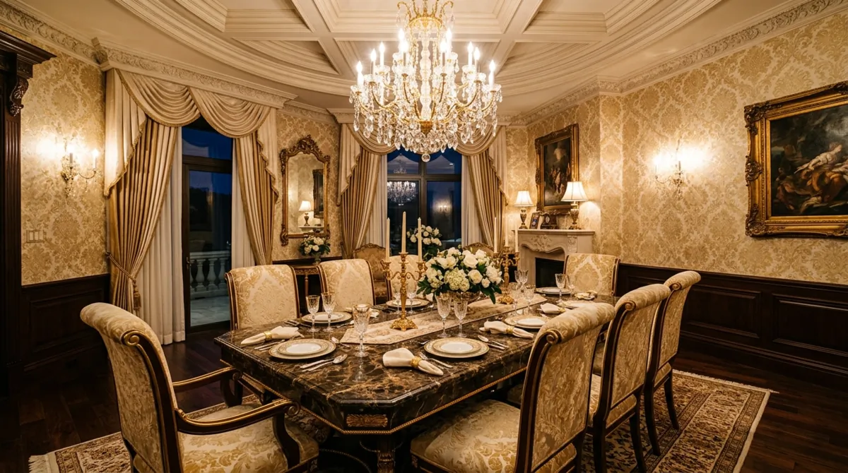 Luxury dining room with gold damask wallpaper, marble table, and upholstered chairs.