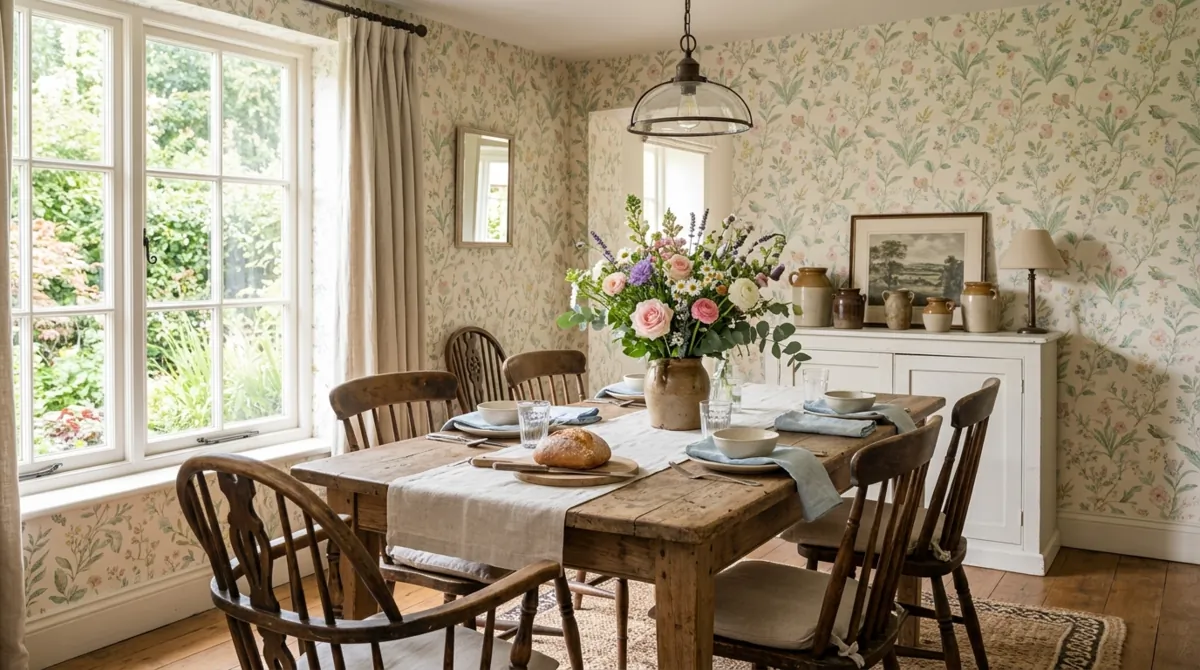 Cozy dining room with pastel botanical wallpaper, rustic table, flowers, and morning sun.