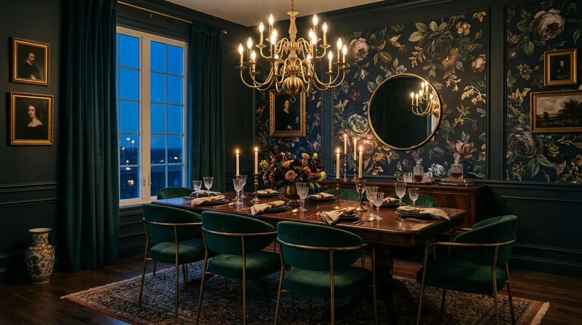 Dramatic dining room with dark floral wallpaper, velvet chairs, and brass chandelier.