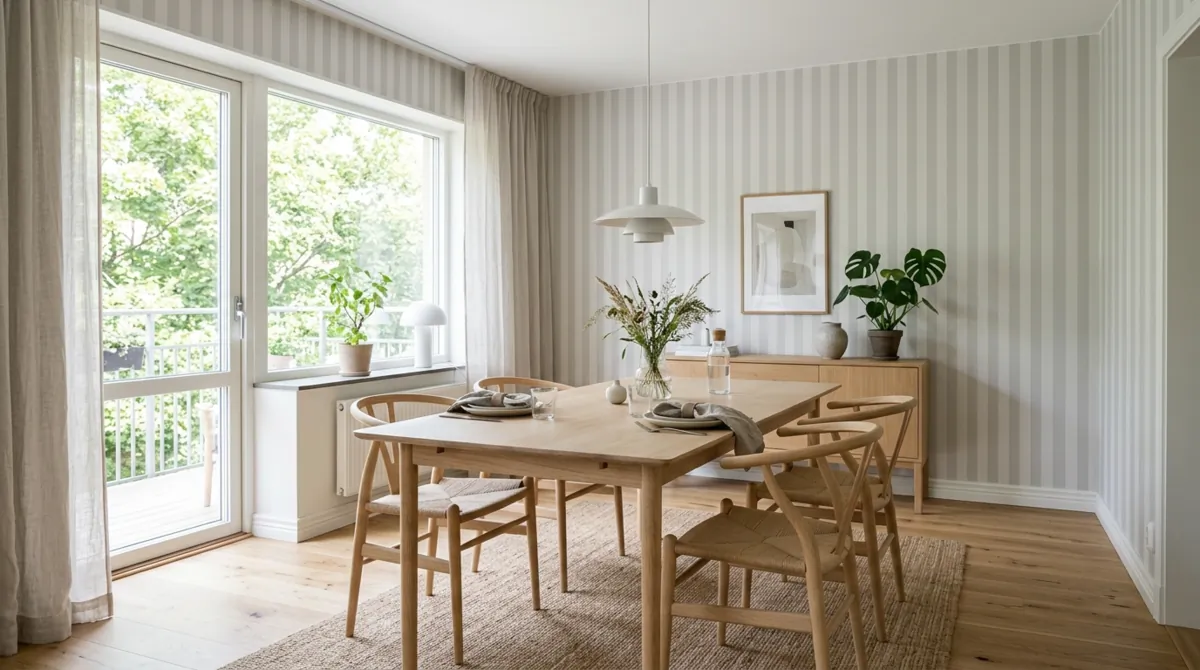 Scandinavian dining room with gray striped wallpaper, light wood furniture, and daylight.