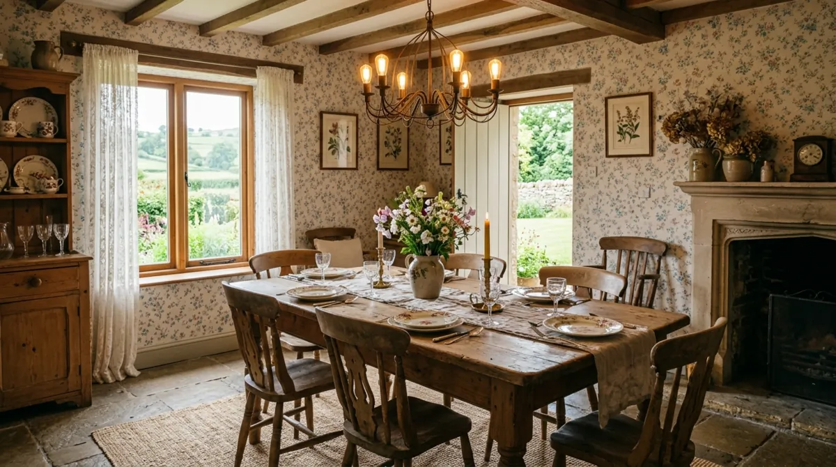 Farmhouse dining room with small floral wallpaper, wood table, and rustic lighting.