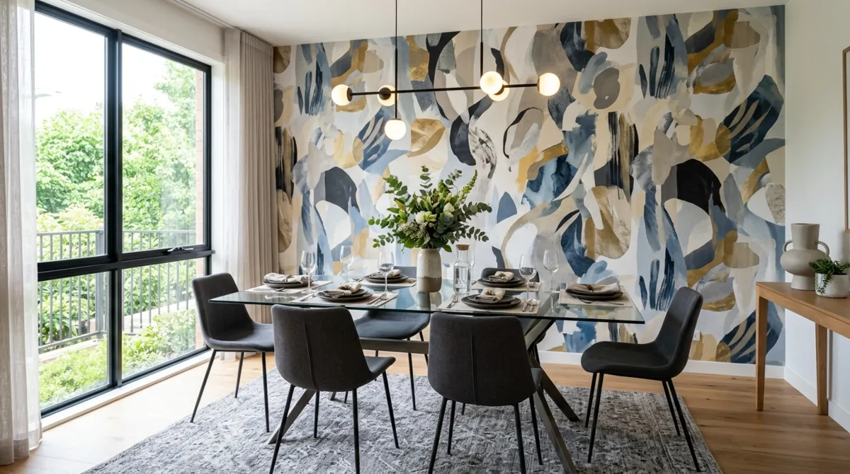 Contemporary dining room with abstract wallpaper, glass table, and modern chairs.