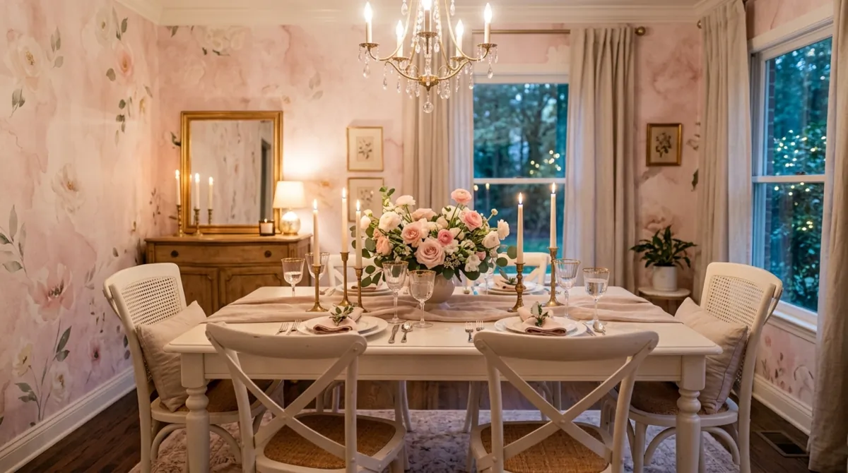 Romantic dining room with pink watercolor wallpaper, white dining set, and candles.