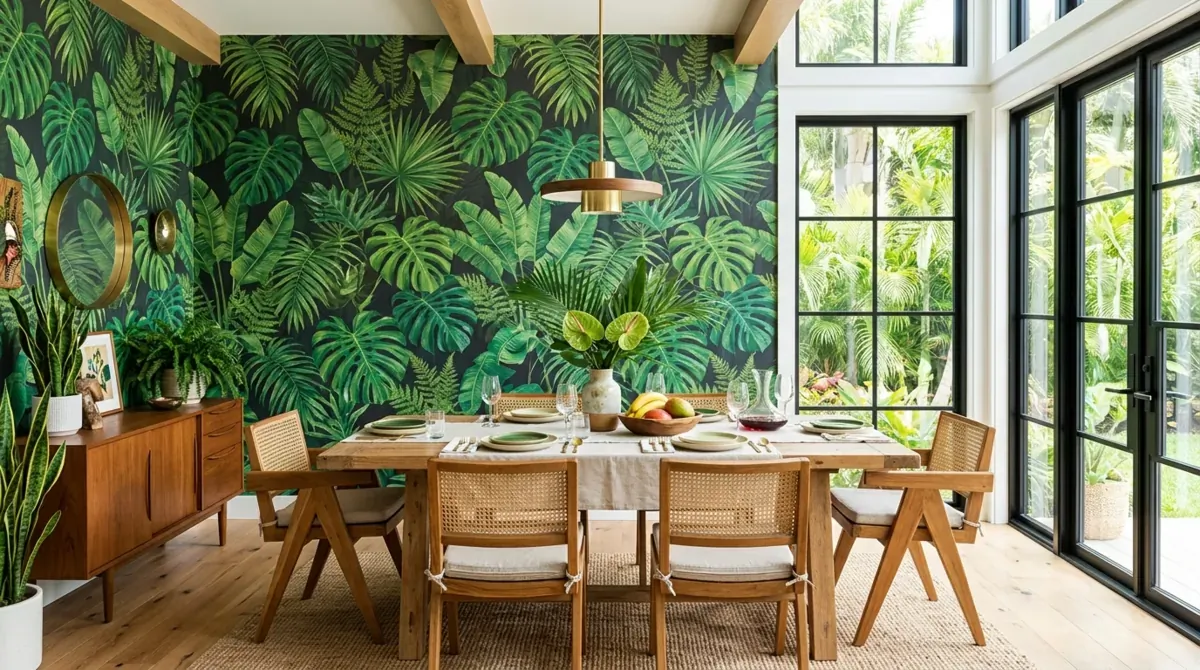 Dining room with green tropical leaf wallpaper, wood furniture, and large windows.
