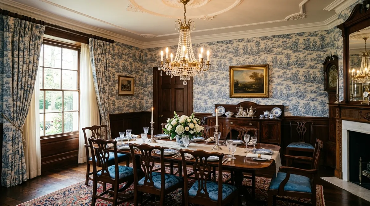 Classic dining room with toile wallpaper, antique wood furniture, and chandelier.