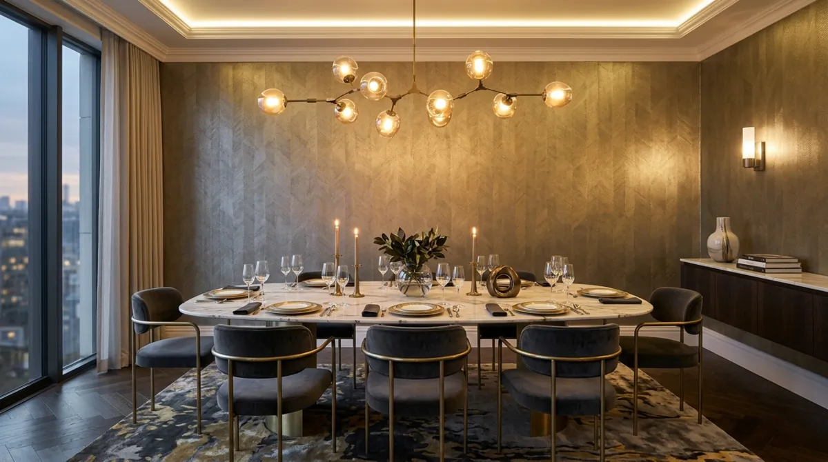 Modern luxury dining room with metallic wallpaper, marble table, and designer chairs.