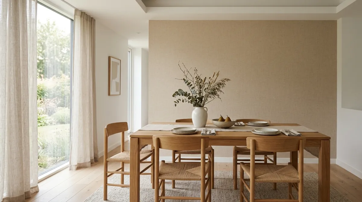 Minimal dining room with beige textured wallpaper, wood table, and neutral decor.