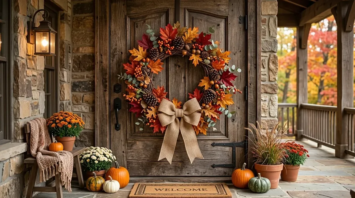Fall front door wreath with autumn leaves, berries, pumpkins, and warm seasonal color.
