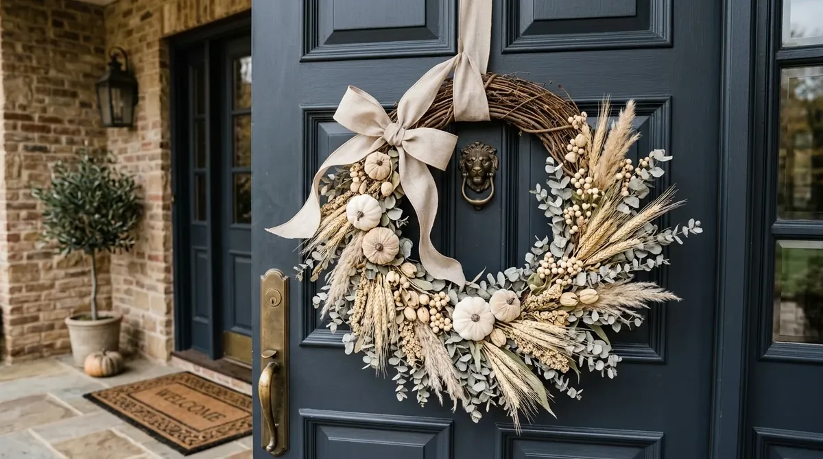 Front door wreath with pampas grass, soft beige tones, and modern fall texture.