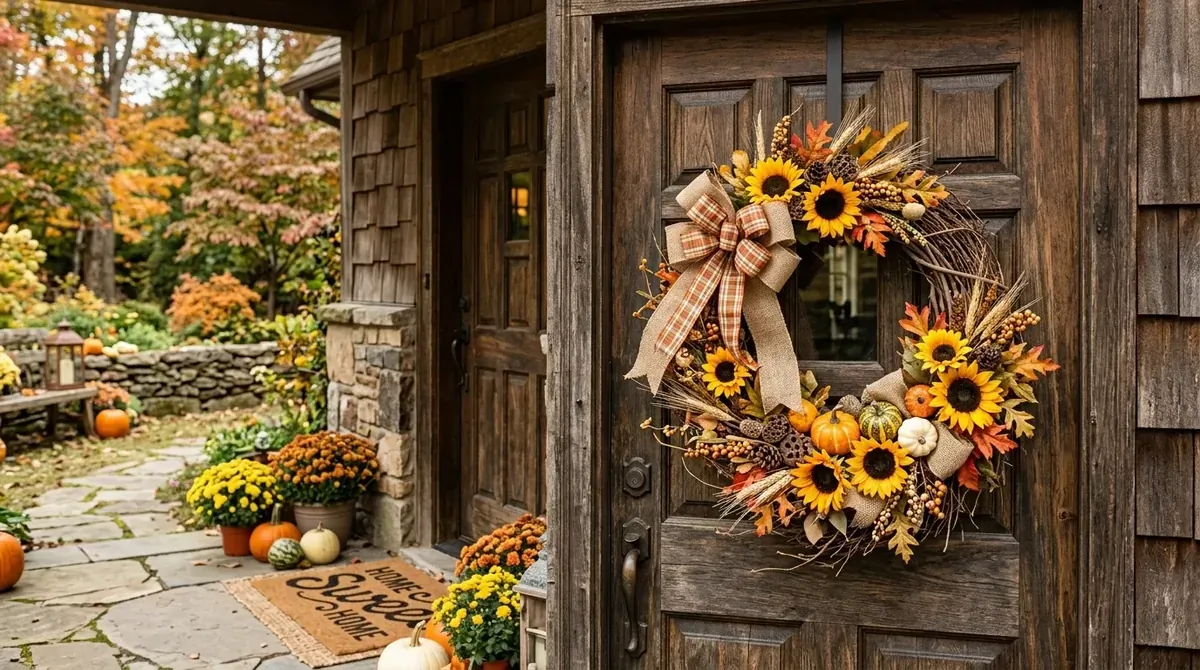 Fall wreath with mini pumpkins, foliage, and playful harvest charm.