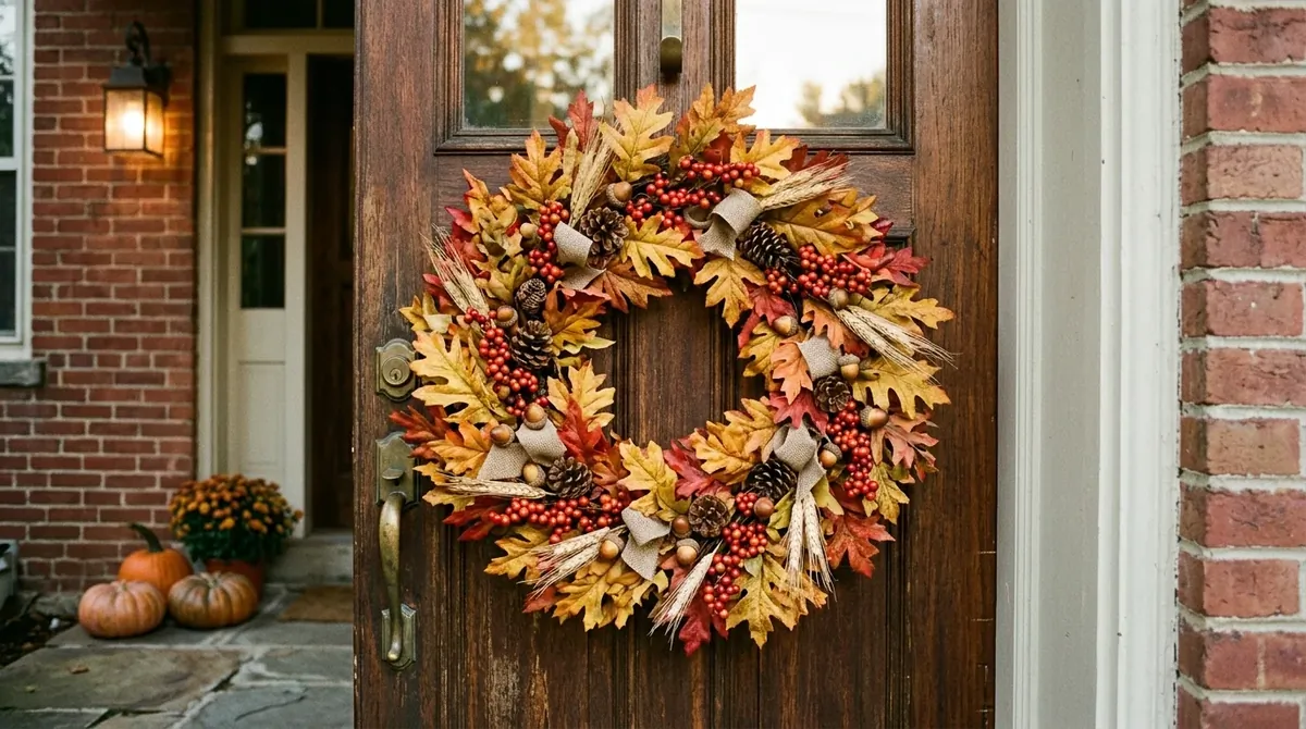 Autumn wreath with wheat stems, burlap ribbon, and farmhouse warmth.
