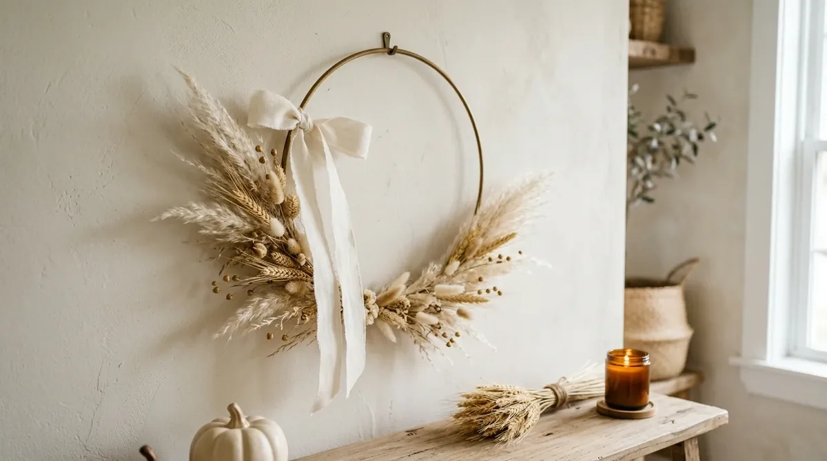 Front door wreath with dark berries, dried leaves, and rich seasonal depth.