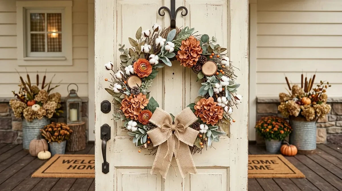 Soft autumn wreath in tan, cream, and muted foliage for understated elegance.