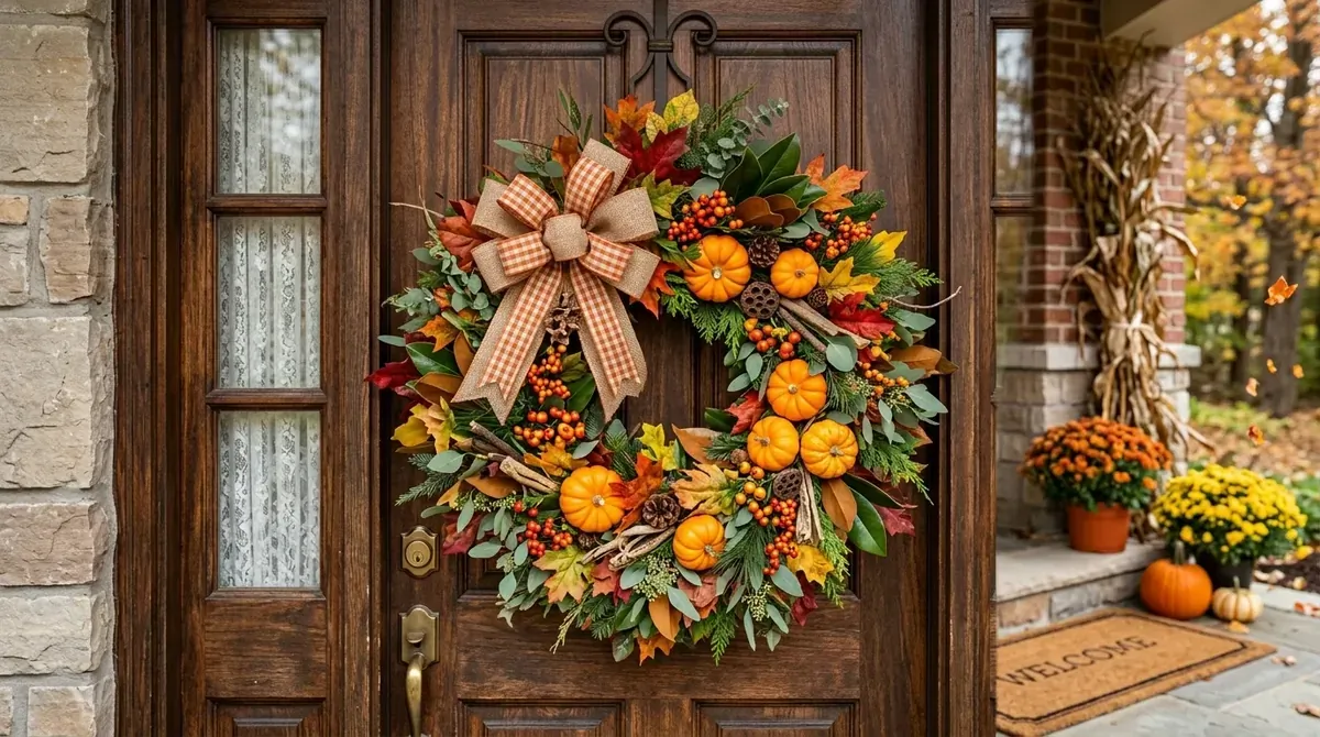 Wreath with sunflowers, greenery, and cheerful late-summer-to-fall energy.