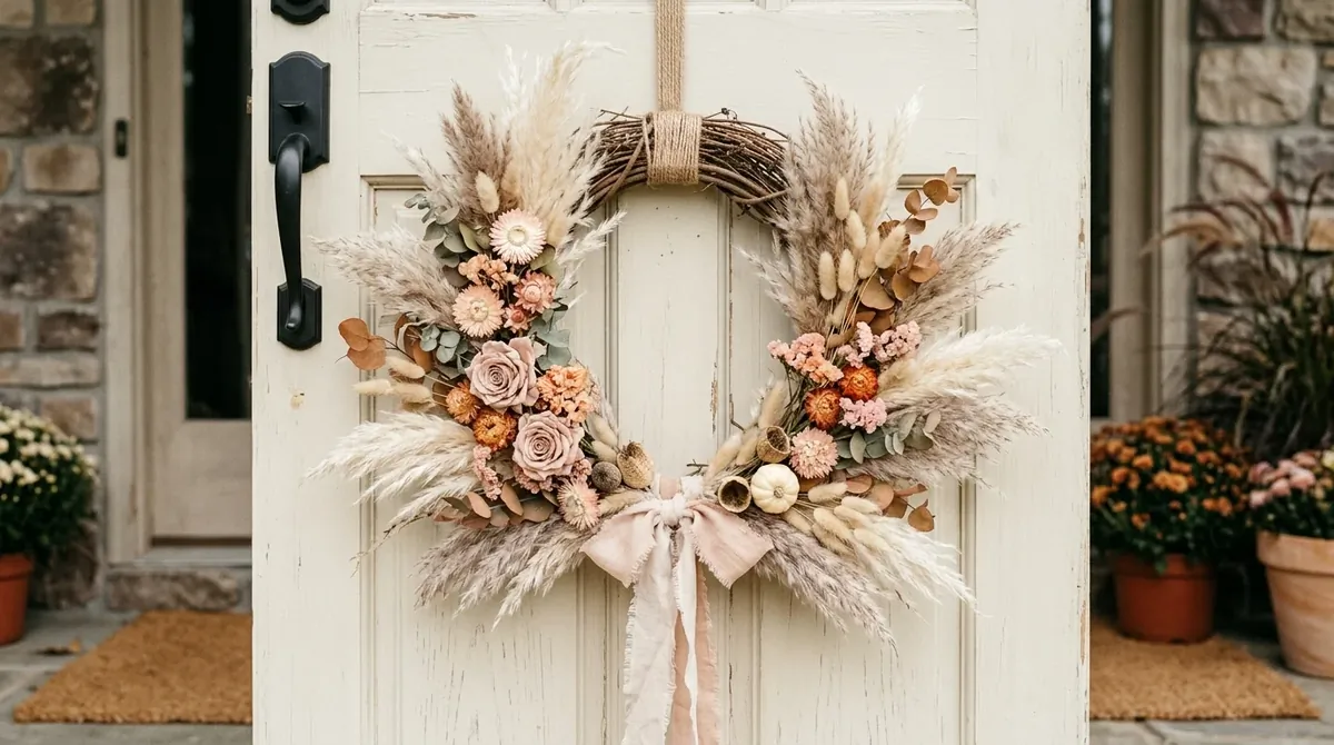 Autumn wreath with copper ribbon and glowing orange leaves.
