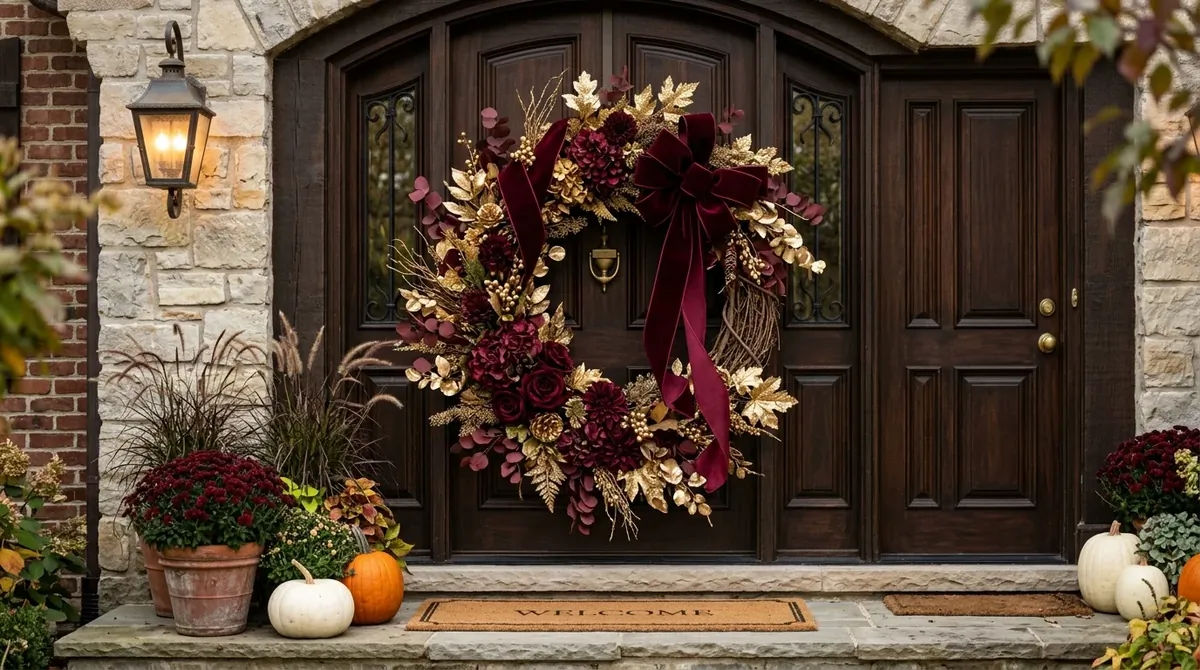 Front door wreath with dried florals, grasses, and romantic harvest softness.