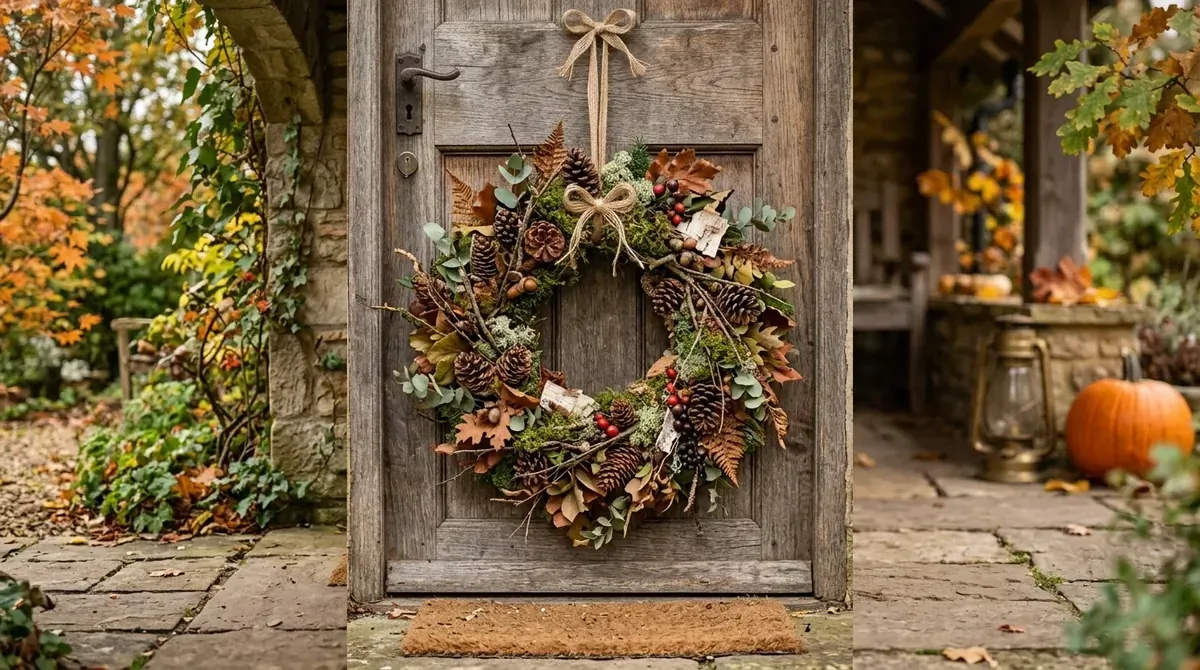 Simple autumn wreath with cotton stems, leaves, and cozy rustic style.
