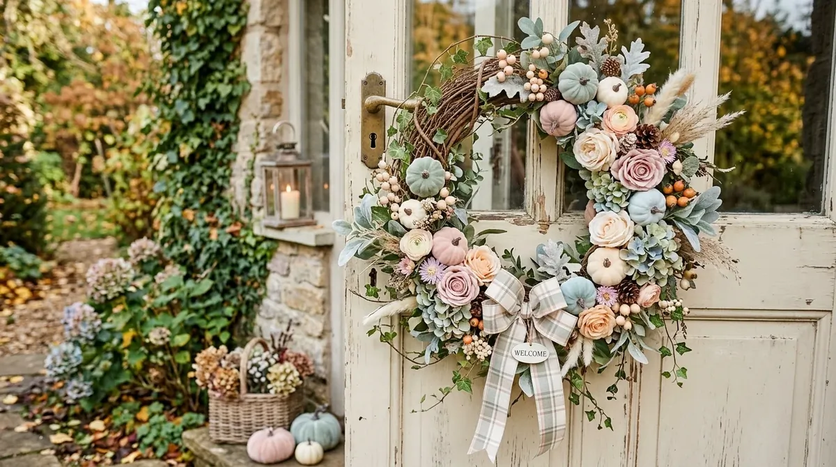 Refined fall wreath with controlled color palette and layered natural texture.