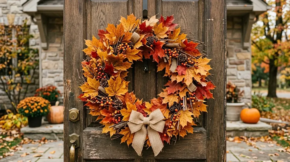 Wreath with acorns, branches, mossy notes, and woodland-inspired detail.