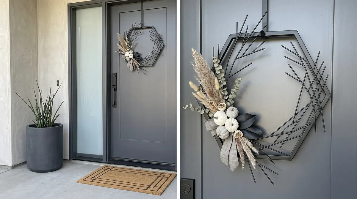 Minimal wreath with asymmetrical foliage and a clean contemporary look.