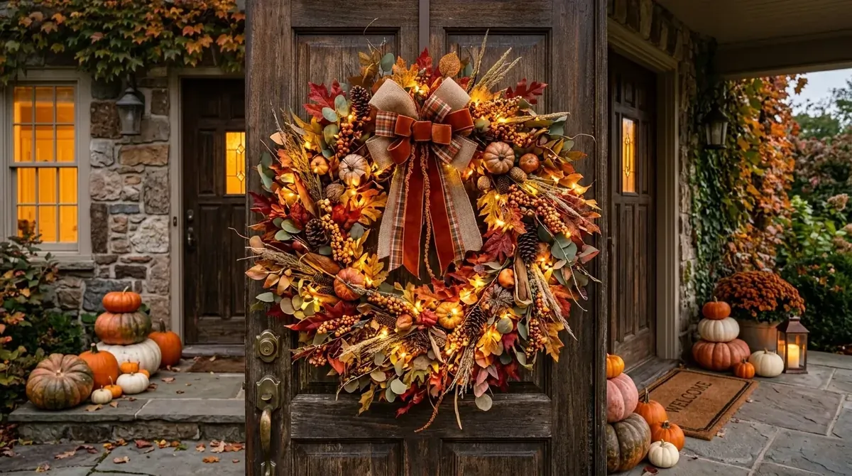 Fall wreath paired with porch lantern glow and a warm evening welcome.