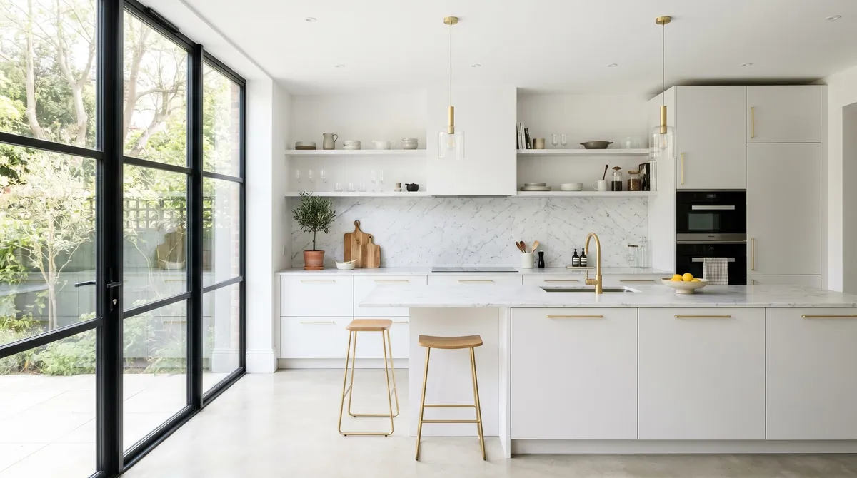 Modern kitchen with matte white cabinets, gold handles, marble backsplash, and bright daylight.