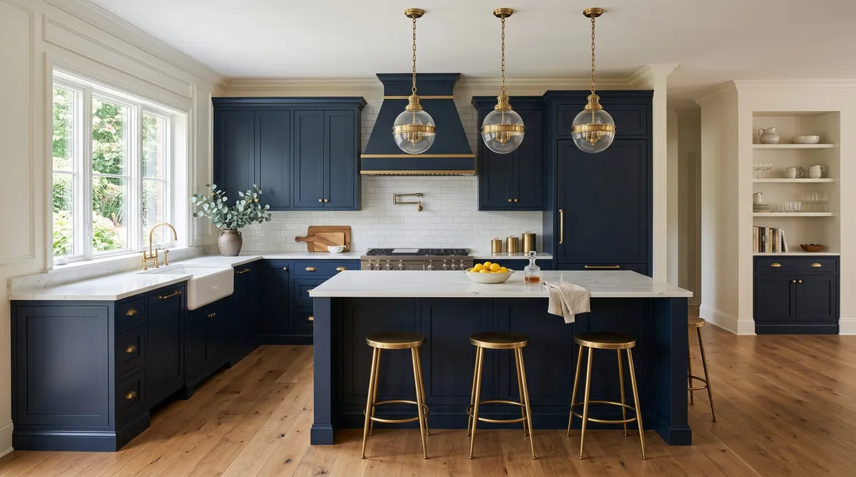 Kitchen with deep navy cabinets, brass hardware, white quartz counters, wood flooring, and pendant lights.