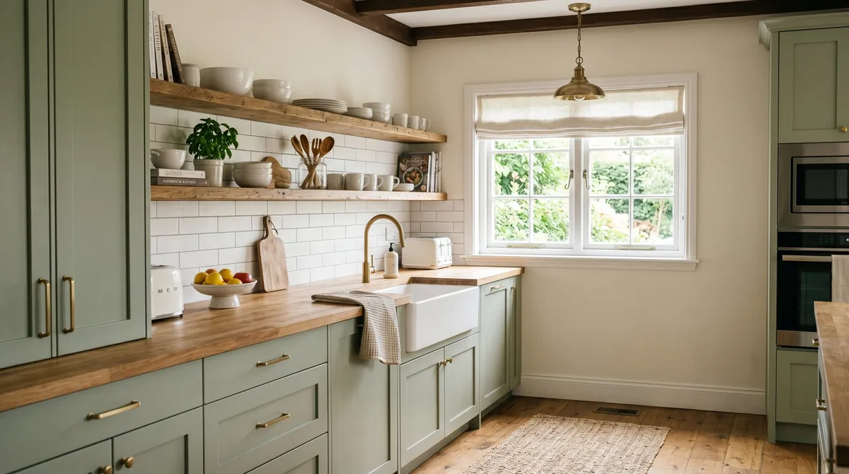 Sage green kitchen with muted cabinets, wood shelves, white subway tile, and airy lighting.
