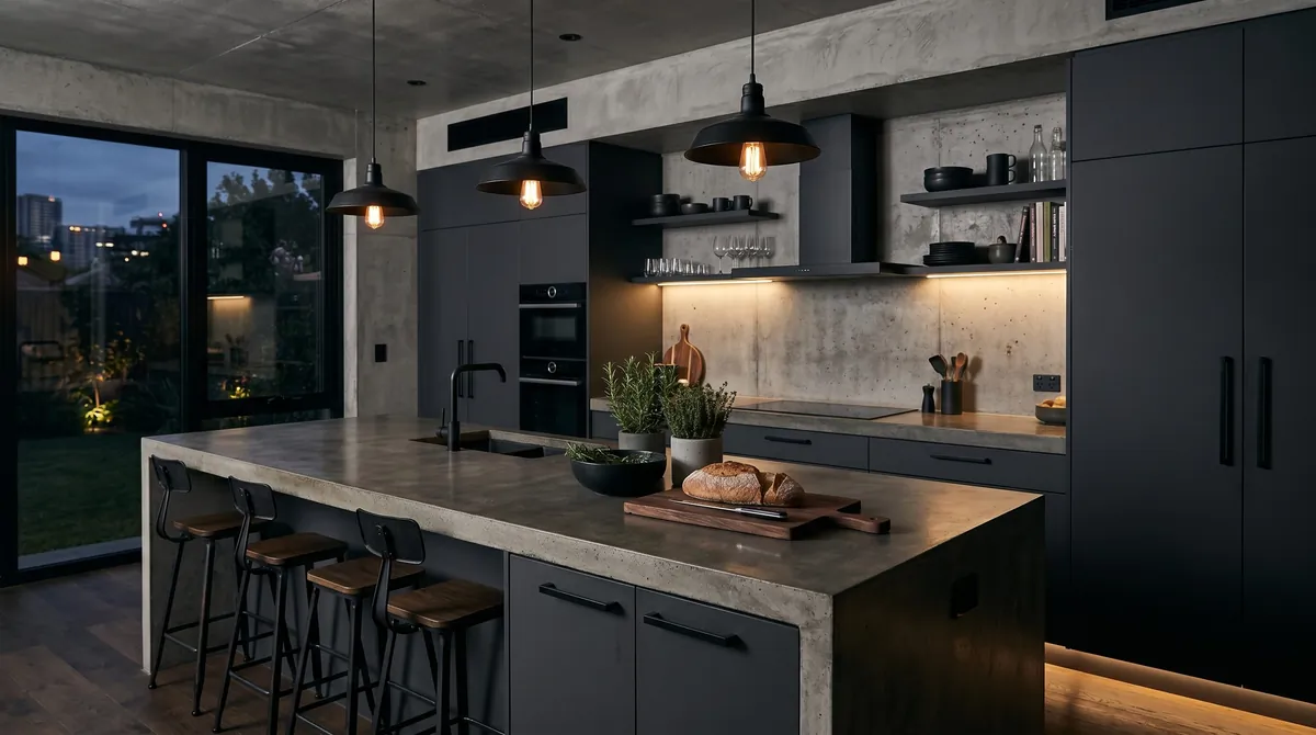 Charcoal gray kitchen cabinets with black fixtures, concrete accents, island counter, and moody lighting.