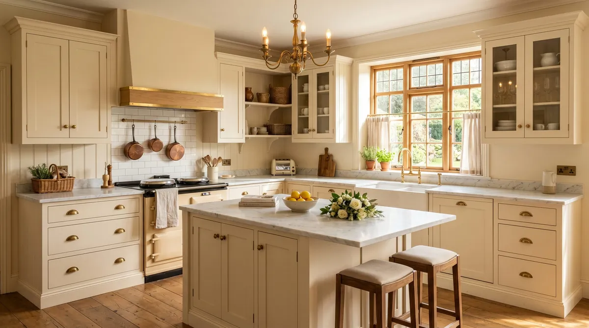Warm cream kitchen with shaker cabinets, gold accents, marble counters, and soft sunlight.