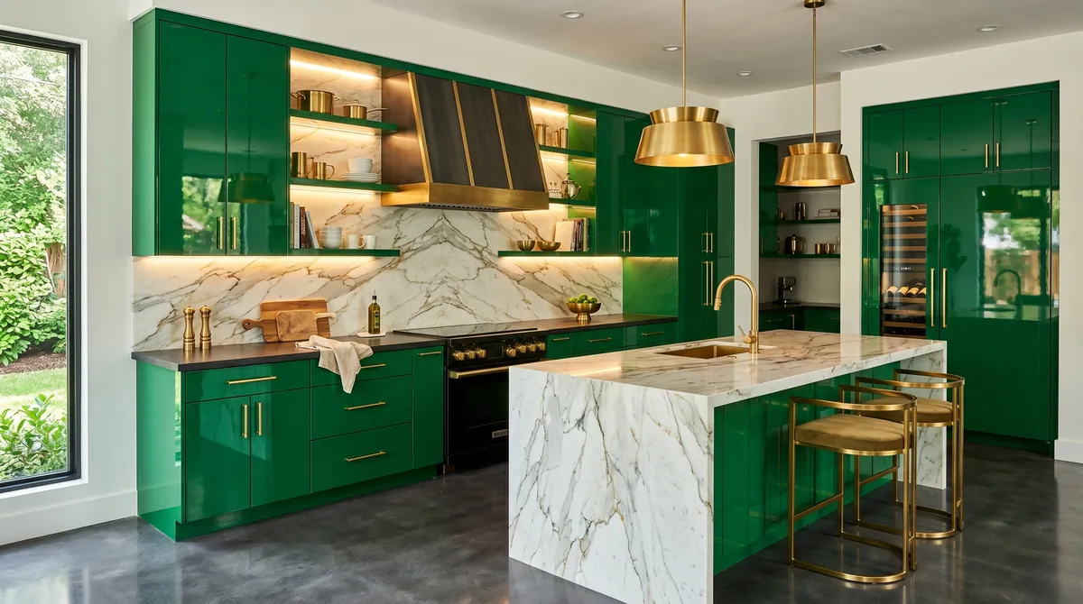 Bold emerald green kitchen with glossy cabinets, marble backsplash, brass fixtures, and dramatic light.