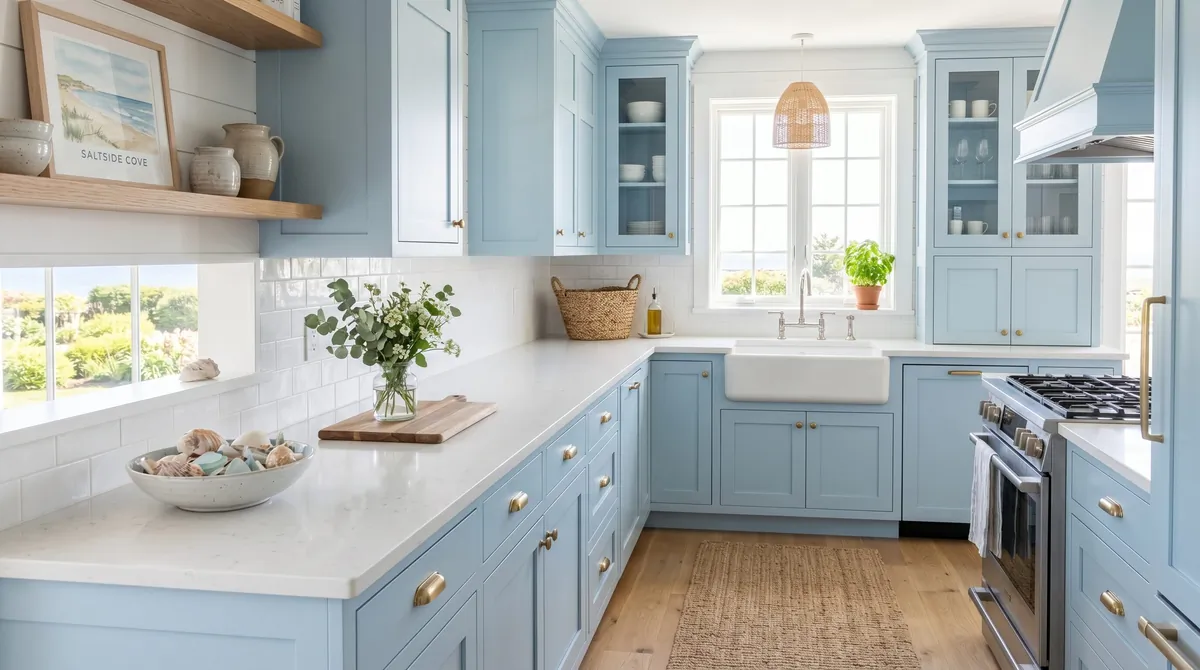 Pastel blue kitchen cabinets with white countertops, coastal decor, and bright natural light.