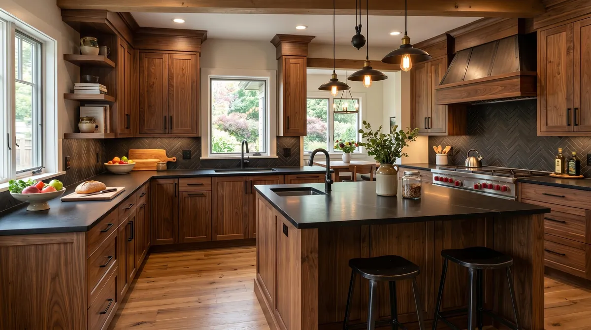 Walnut kitchen with natural grain cabinets, black stone counters, and warm ambient lighting.