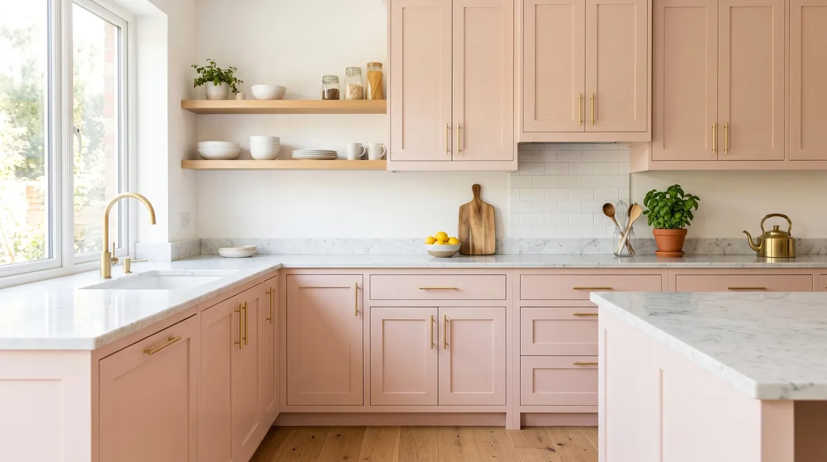 Blush pink kitchen cabinets with minimal handles, white marble surfaces, and bright daylight.
