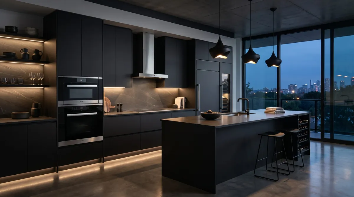 Matte black modern kitchen with handleless cabinets, integrated lighting, and stainless appliances.