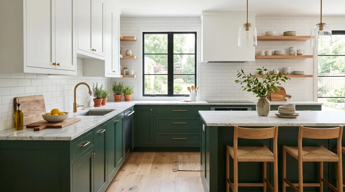 Two-tone kitchen with white upper cabinets, forest green lower cabinets, and marble counters.