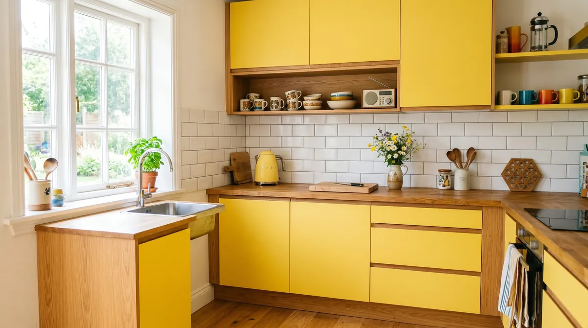 Yellow kitchen cabinets with white tile backsplash, wood accents, and cheerful daylight.