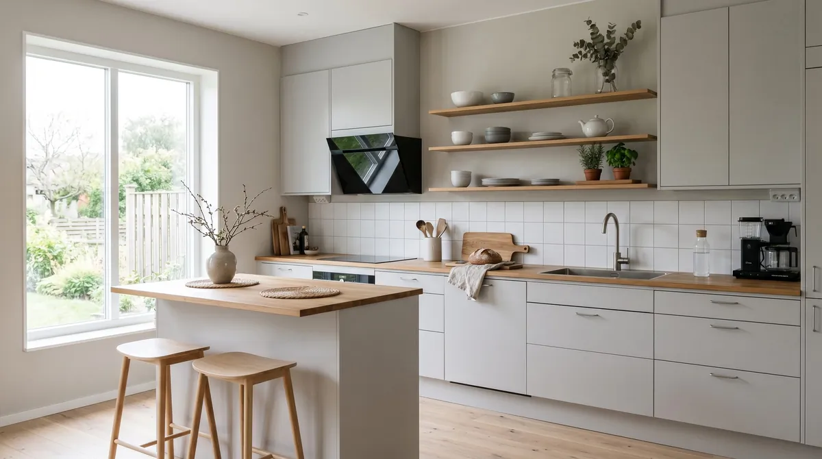 Light gray Scandinavian kitchen with clean cabinetry, open shelving, and soft daylight.