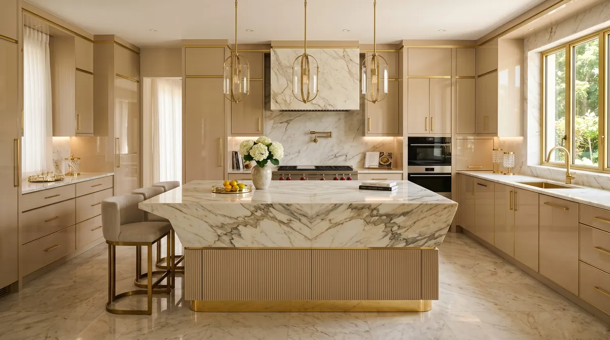 Luxury champagne beige kitchen with glossy cabinets, gold detailing, marble island, and pendant lighting.