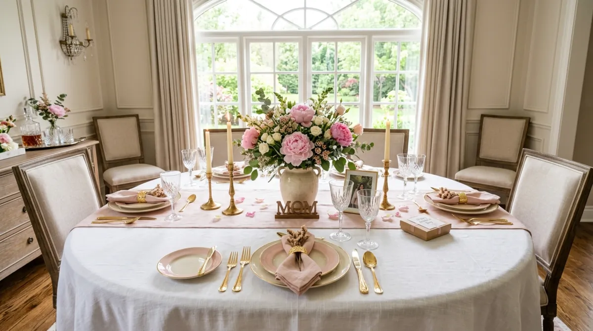 Mother's Day dining table with pink peonies, gold cutlery, candles, and pastel dinnerware.