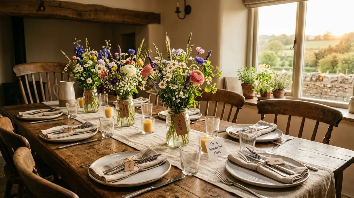 Rustic Mother's Day table with wildflowers in mason jars, linen runner, and wood surface.