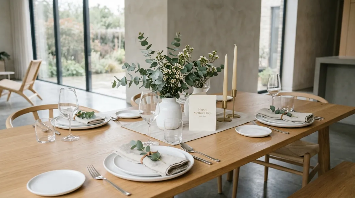 Modern Mother's Day table with white plates, eucalyptus centerpiece, and clear glassware.