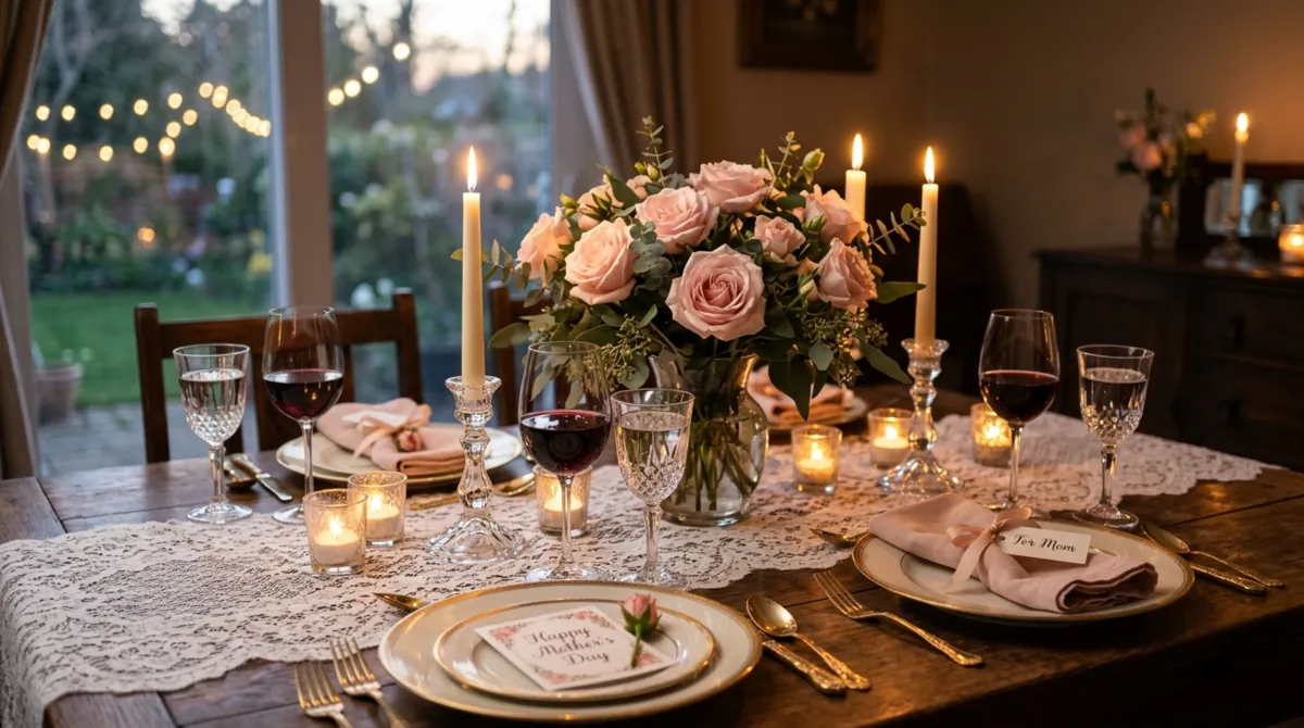 Romantic Mother's Day table with blush roses, lace runner, crystal glasses, and candles.