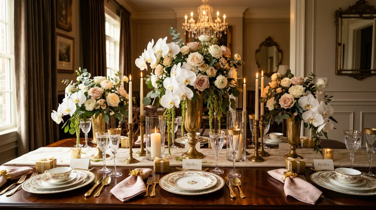Luxury Mother's Day dining table with fine china, orchids, roses, gold accents, and polished wood.