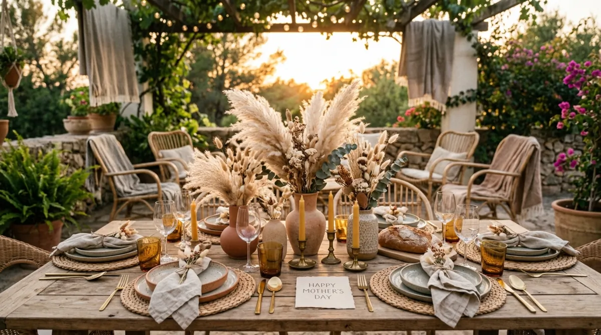 Bohemian Mother's Day table with woven placemats, pampas grass, ceramics, and textured linen.